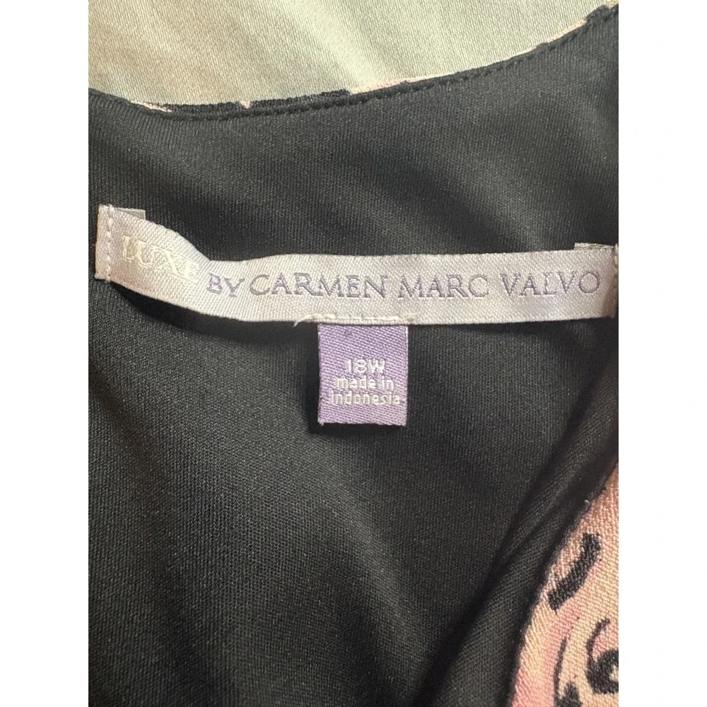 Luxe by Carmen Marc Valvo Pink Black Floral Rose Dress V-Neck Sash 18W Plus Size - Picture 3 of 5